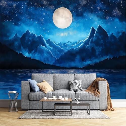 Berg Sternenhimmel Fototapete - Seeblick - Größe 300X210Cm (Breite X Höhe) Wandtapete Tapete, Wandbild Wandtattoo Dekoration - Tapete, Kinderzimmer, Kindertapete