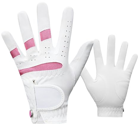 JIAHG 1 Pair Kids Golf Gloves, Junior Breathable Anti-Slip Golfing Sports Gloves with Ventilated Finger Holes for Boys Girls, Adjustable Fit, Left & Right Hand (White Pink, L)
