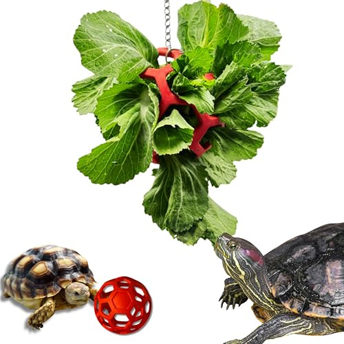 5.5in Turtle Feeder Ball with Chain, Hanging Tortoise Treat Ball, Turtle Enrichment Toys, Turtles Hay Feeding Balls, Foraging Food Toy for Small Pet Rabbit Guinea Pig, Tortoise Accessories (Red, L)
