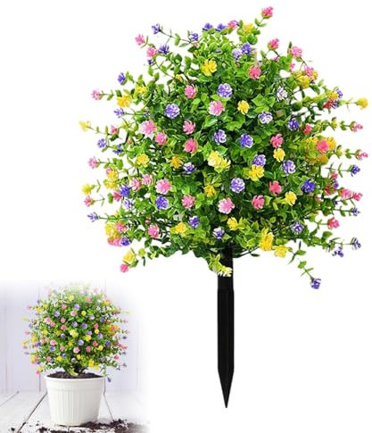 Artificial Spherical Boxwood Trees with Flowers, Outdoor Fake Plants with Ground Spike, Faux Greenery Shrubs Faux Plants for Front Door, Garden, Yard, Patio & Porch Decor (Colourful,1pc)