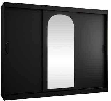 Mirjan24 Kleiderschrank Samker 250, 3-türiger Schiebetürenschrank mit Einlegeböden und 2 Kleiderstangen (Schwarz, mit Schubladen)
