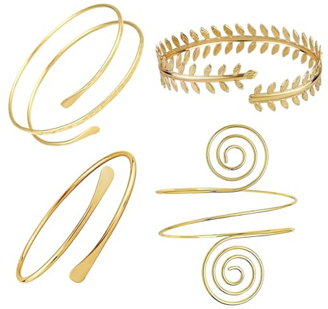 Givendoris 4 Pcs Gold Arm Cuff Bracelets – Adjustable Upper Arm Bands for Women, Boho Style Armlets for Festivals, Beach, and Parties, Gold Tone Arm Jewelry Set