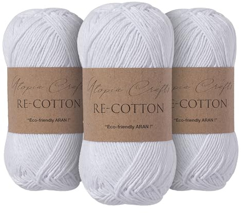 Utopia Crafts Re-Cotton Knitting Yarn, 3x 100g (White)