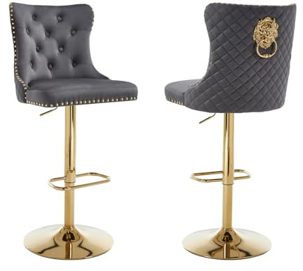 Relbiety Barhocker 2er Set Höhenverstellbar Bistrohocker mit Rückenlehne,Barstühle 360° Drehbar Tresenhocker aus Samt für Küche,Theke,Bar,Dunkelgrau+Gold
