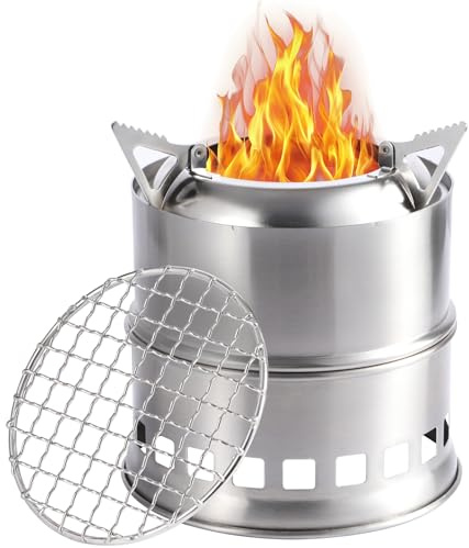 REDCAMP Stainless Steel Camping Wood Burning Stove, Lightweight Portable Mult Fuel Camp Stove with Grill Mesh Bag, Folding Stove for Backpacking Hiking Travelling Picnic