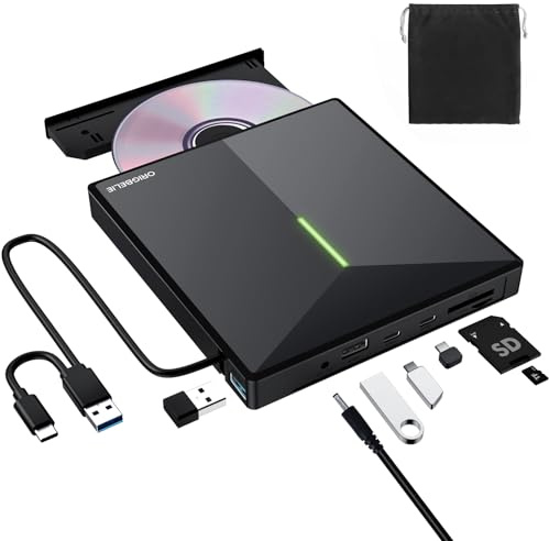 ORIGBELIE External CD/DVD Drive for Laptop, USB 3.0 DVD Player with 4 USB Ports & 2 TF/SD Card Slots, Portable CD/DVD +/-RW Drive Burner Reader Writer for Desktop PC Windows 11/10/8/7 Linux Mac OS