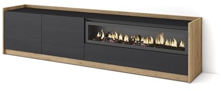 Skraut Home | Mueble TV | Televisión | Muebles de salón, almacenaje | 207x50x37 cm | para TV hasta 80 | Chimenea eléctrica | Estilo Moderno | Negro y Roble