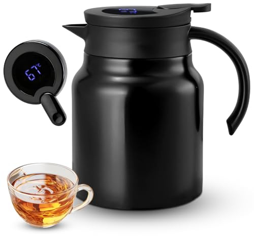Termos 1 l, termoskanna kaffekanna med temperaturdisplay, termos te med tesil, tekanna termos av rostfritt stål, kaffekanna termo, svart tekanna för kaffe, te och mjölk