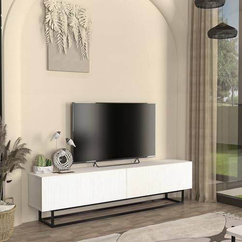 [en.casa] TV Schrank Verpsboga Lowboard mit 2 Türen 3D-Front Fernsehschrank kurzes Gestell aus Metall 180 x 32 x 47 cm Sideboard Kommode Fernsehtisch Weiß