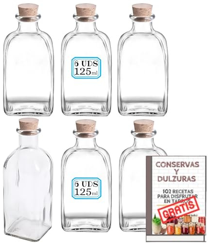 MundoTarros Pack 6 Frascas de Cristal con Tapón de Corcho Natural Varias medidas - Frascos Cuadrados Herméticos Rellenables y Reutilizables Resistentes para Bebidas, Aceite, Vino, Licor (125 ml)