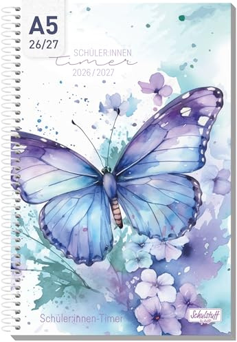 Häfft® Schulstuff Schüler:innen-Timer 2026 2027 A5 Butterfly | Schülerkalender mit Spiralbindung für flaches Aufliegen & flexibles Umschlagen - Hausaufgabenheft, Schülerplaner