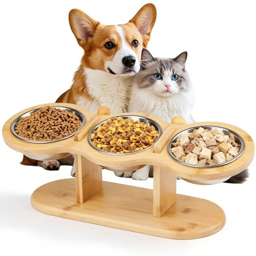 Katzennapf Erhöht, 42cm Futterstation Katzen mit Holz Ständer, Futternapf Katze aus Edelstahl, Ergonomischer Futterstation 15°gekippte, Wassernapf, Erhöhter Fressnapf für Katzen und kleine Hunde