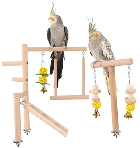 Parco giochi per uccelli, Supporto per posatoio per uccelli in legno naturale, Supporto per pappagalli in legno con scalette per box Gabbia da masticare per conuri Accessori per piccoli