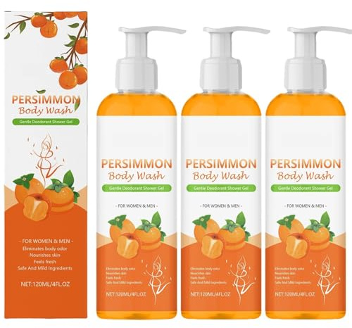 Gel De Ducha De Caqui - 3×120 Ml Jabón Natural De Caqui Con A-ceite De Coco Para Eliminar Olores Fuertes, Limpieza Profunda E Hidratación Para Mujeres, Hombres Y Personas Mayores