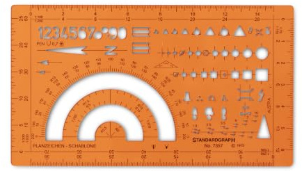 Standardgraph 7357 - Katasterschablone Planzeichen I | Präzises Zeichnen von Planzeichen für Kataster- und Vermessungspläne mit mehreren Maßstäben und Winkelmesser