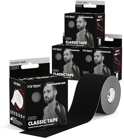 Kintex 4 Rollen Kinesiologie Tape Classic, 5 cm x 5 m, hautfreundliches & wasserfestes Kinesiologie Tape, Physio Tape, für Sport & Physiotherapie