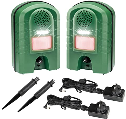 VOSS.sonic Doppelpack: 2 x Ultraschallabwehrgerät mit Bewegungsmelder & Blitz + 2X Outdoornetzteil gegen Marder Katzen und Waschbären Ultraschallvertreiber Tiervertreiber