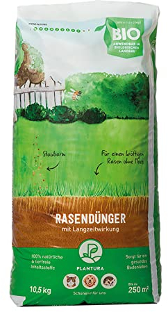 Plantura Bio-Rasendünger Frühjahr/Sommer, 100% organischer Langzeitdünger für sattgrünen Rasen, 3 Monate Wirkung, gesunder Rasen verdrängt Moos & Unkraut, staubarmes Granulat, 10,5 kg für 250 m²