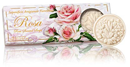 Jabón Rosa, caja de regalo 3 barras de jabón redondas hechas a mano talladas con flores, 3 x 125g