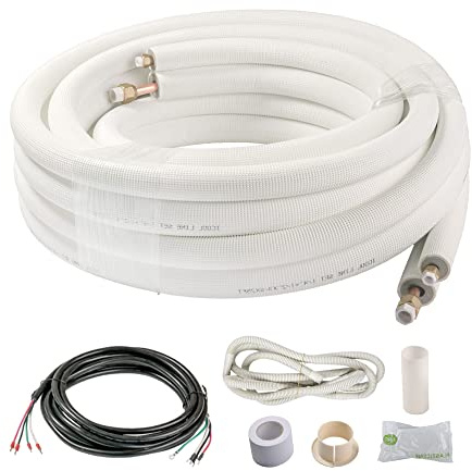 ICOOL 25 Ft. Mini Split Line Set 1/4 1/2 O.D. & 3/8 PE Thickened Insulated Coil Copper Pipes for Air Conditioner HVAC Refrigeration and Heating Equipment, with Fittings