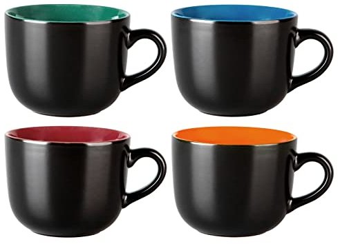 GBhome Jumbo Soup Mugs with Handles, 24 Oz Large Coffee Mugs Set of 4, Ceramic Soup bowls for Soup Cereal Snacks Salad Noodles Cups, Microwave safe - Matte Black, Colorful Inside