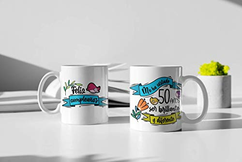 Taza 50 Años “Me ha costado 50 años ser brillante y diferente” – Regalo Original de Cumpleaños | Taza de Cerámica Personalizada | Apta para Microondas y Lavavajillas | 350 ml | Caja Lista para Regalar