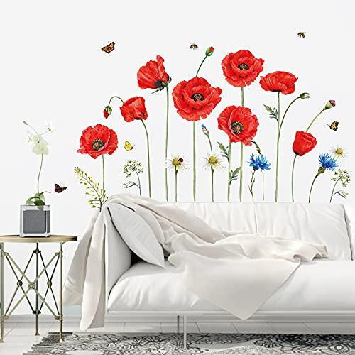 decalmile Wandsticker Mohnblume Rote Wandtattoo Pflanzen Blume | Abziehbare und Aufklebbare Wandaufkleber, DIY Abnehmbare Wandkunst Abziehbilder, Wandfreundlich, Leuchtenden Farben