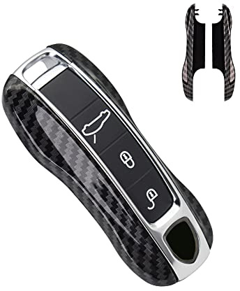 SANRILY Carbon Fiber Texture Key Fob Replacement Cover for Porsche Cayenne 911 Taycan Panamera 2020 Keyless Entry Remote Key Case ABS Plastic Key Protector Shell Black