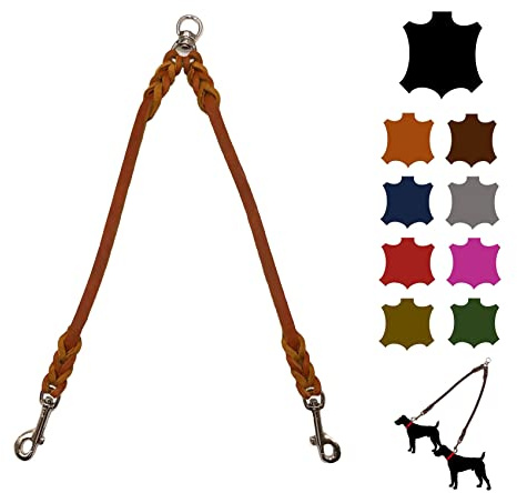Doppelleine für 2 Hunde - Koppelleine aus Fettleder für Kleine und Große Hunde (35cm, Breite: 8mm, Cognac)