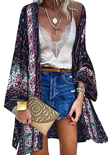 ZANZEA Femme Boléro Kimono Cardigan Bohemian Manches Longues Gilet Long Shawl de Vacances 01-Bleu foncé L