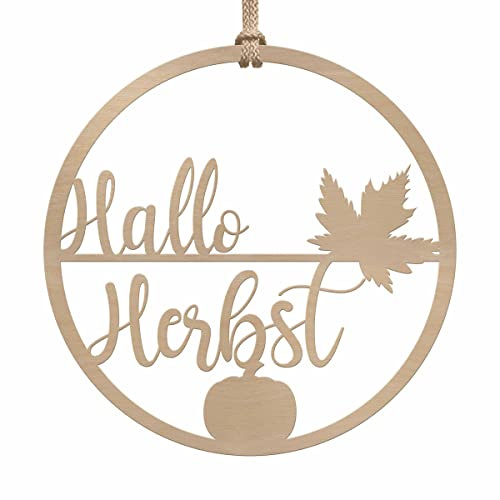 Holz Türkranz Herbst außen & innen - Holzkranz Haustür Tür Fenster - tolle Herbstdeko zum Aufhängen - Herbstliche Dekokränze Willkommen Schriftzug - Herbsttürkränze Deko Kranz (Festes Design)