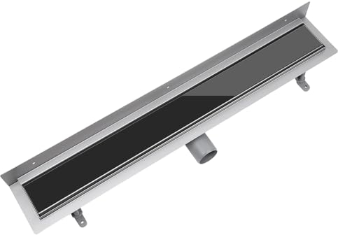 VOGI Duschrinne mit Wandaufkantung Edelstahl Komplettset (Wandablauf) mit dem Rost SCHWARZES GLAS inkl. Siphon mit Geruchsstop, 25 Jahre Garantie, Länge 80 cm