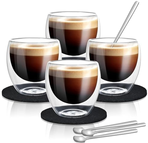 Cieex Ensemble Tasse Double Paroi 4pcs Tasse a Cafe Double Paroi avec Cuillères et Dessous de Verre en Feutre (80ml)