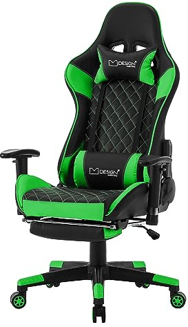 ML-Design Gaming Stuhl mit Fußstütze, Grün, Kunstleder, Ergonomischer Bürostuhl mit Armlehne, Kopfstütze, Lendenkissen, Drehstuhl verstellbar, Hohe Rückenlehne, Racing Gamer Stuhl Schreibtischstuhl
