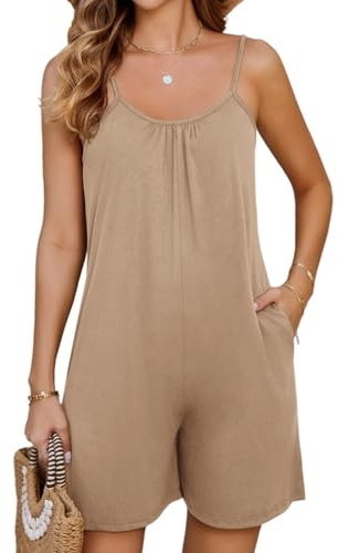 Niwicee Women Casual Jumpsuits Summer V-neck Sleeveless Romper Loose Wide Leg Shorts Overall Shoulder Strap Adjustable Playsuit with Pockets