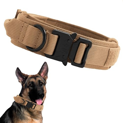 Voarge Taktisches Hundehalsband,Hundehalsband Verstellbar mit Kontrollgriff, Gepolstertes Nylon Hunde Halsband,Metallschnalle, für Mittlere Große Hunde Jagd Training Outdoor, Braun, XL