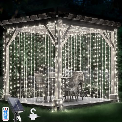 Glaxcidy Lichtervorhang Innen 3mx3m, 300 LEDs Solarvorhang Licht 8 Modi mit Fernbedienung, Wasserdichte Lichterkette Gardine für Innen Deko, Weihnachten, Schlafzimmer, Party, Weiß