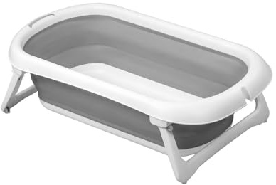 Asalvo Baignoire Bébé Lucca, Pliable et Légère, Mécanisme d'Inclinaison pour Vidange Rapide, Support de Douche Intégré, Pieds Antidérapants, de la Naissance jusqu’à 36 Mois, Blanc/Gris