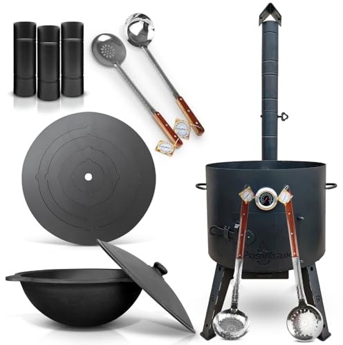 Utschak Uchag Feuerofen Ø 49 cm 2 mm Stahl Herdplatte 4mm Kazan 22 L runder Boden mit Thermometer Verlängerungsrohr, Schaumlöffel 48 cm, Schöpfkelle 48 cm, Schaumlöffel tief, 64 cm (Set R22-2)