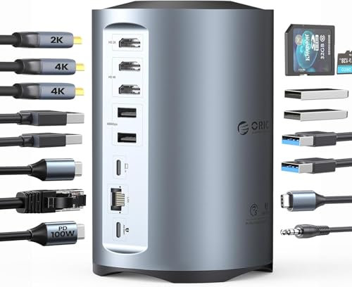 ORICO USB C Docking Station, 15-in-1 USB C Hub Triple Display, 3 HDMI 4K, 2 USB-A 3.0, USB-C 3.0, 4 USB-A 2.0, 100W PD, RJ45, AUX, TF/SD, Professionell Adapter Hub USB C für MacBook Air Pro M1 M2