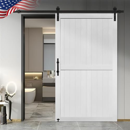 S&Z TOPHAND® 117 cm x 213 cm MDF ladugårdsdörr med 20 cm skjutdörr hårdvarusats, solid ladugårdsdörrplatta täckt med vattentät PVC-yta, enkel montering krävs