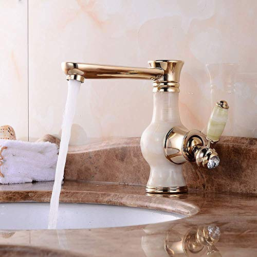 CCKUHN Jade Basin Faucet Golden Cold and Hot Water Mixer Retro Rotary Bathroom Faucet Single Hole Single Handle Belt Aerator,Titanium Jin Qingyu Good (Titanium Jin Qingyu A)