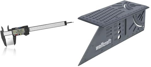 Vinabo Pied a Coulisse Digital, 150 mm / 6 Pied à Coulisse Numérique, Outil de Mesure Électronique & wolfcraft 5208000 - Équerre 3D d'onglet - Traçage angle de 45° à 90° - 150 x 275 x 66 mm