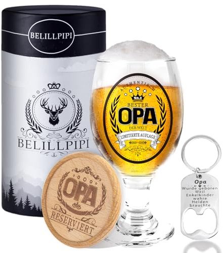 Belillpipi Opa-Geschenkset: Bierglas mit Gravur, Untersetzer und Flaschenöffner - Geburtstagsgeschenk für Männer, Weihnachtsgeschenke, Geschenk zum Vatertag