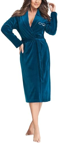 Aquarti Peignoir en velours pour femmes, robe de chambre Nicki avec col châle à nouer, Vert mer, XL