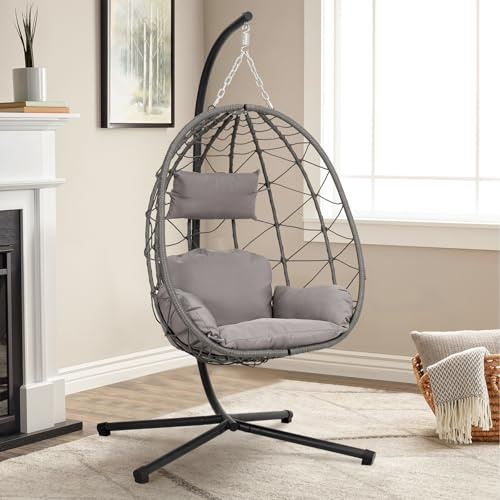 Warmiehomy Hanging Egg Chair with Stand Rattan Swing Chair with Cushion | Foldable Egg Chair, 150kg Capacity, Indoor Outdoor Garden Hammock Chair for Patio, Balcony and Conservatory