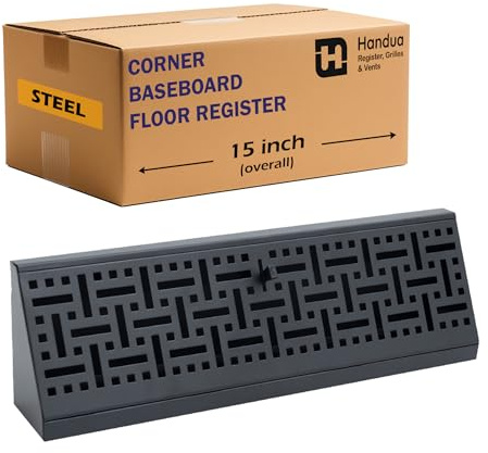 Fits 15 Baseboard Space | Corner Baseboard Register by Handua | Decorative Design | 15 External Length Register Vent Cover Grill | Adjustable Lever for Air Flow Control | Black