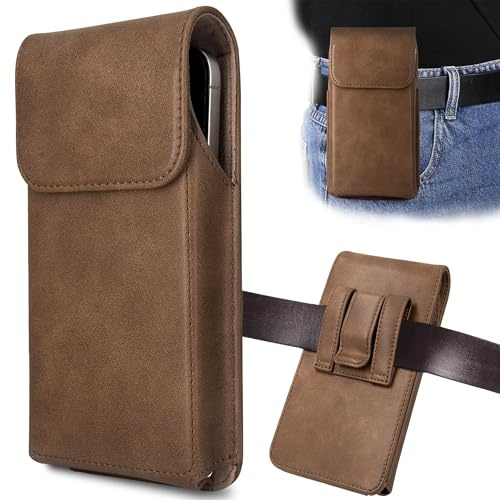 INGIDO Holster for iPhone 17, 17 Pro, 16, 16 Pro, 15, 15 Pro, 14, 14 Pro, 13, 13 Pro, 12, Galaxy S26, S25, S24, Premium Leather Pouch with Belt Clip Phone Holster Belt Case, Light Brown -M