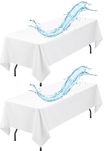 2 Stück Tischdecke Weiß, 153 x 260 cm Tischdecken, Wasserabweisend Polyester Weiße Tischdecke für Rechteckige Tische, Wasserabweisend Rechteckige Tischdecke für Party, Hochzeit, Essen