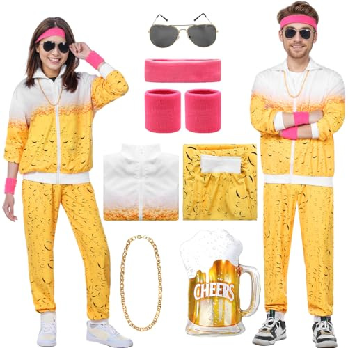 Ficlwigkis Bier Kostüm,Bieranzug,80er Jahre Outfit Herren Damen,Bad Taste Outfit Jogginganzug Trainingsanzug Retro Anzug mit Goldkette Stirnband Armbänder Brille Bierfolienballon für Karneval Fasching